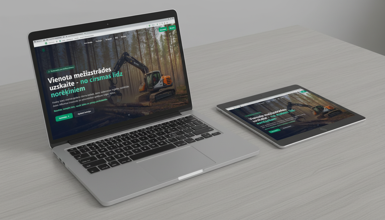 Forstry mežizstrādes pārvaldības sistēmas mockup uz laptop un planšetes