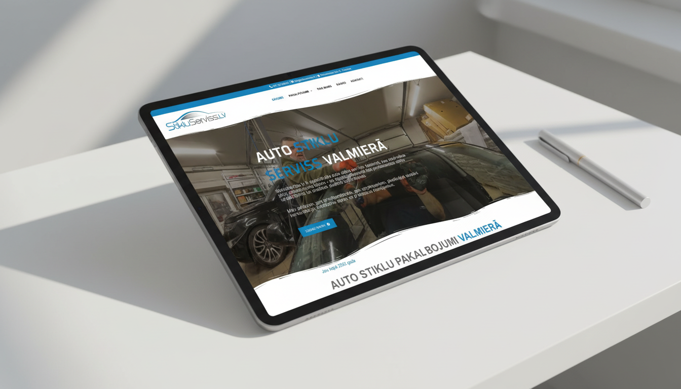 StikluServiss mājaslapas mockup - auto stiklu serviss Valmierā ar SEO optimizāciju